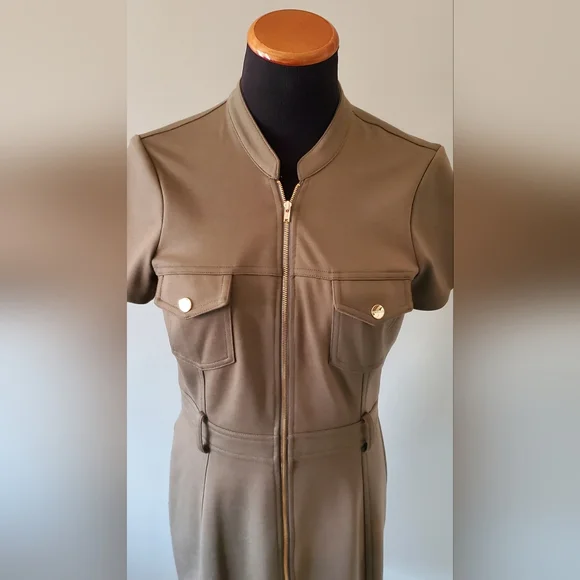 Guess Olive Green Zip-Front Short Sleeve Dress - Picture 6 of 10